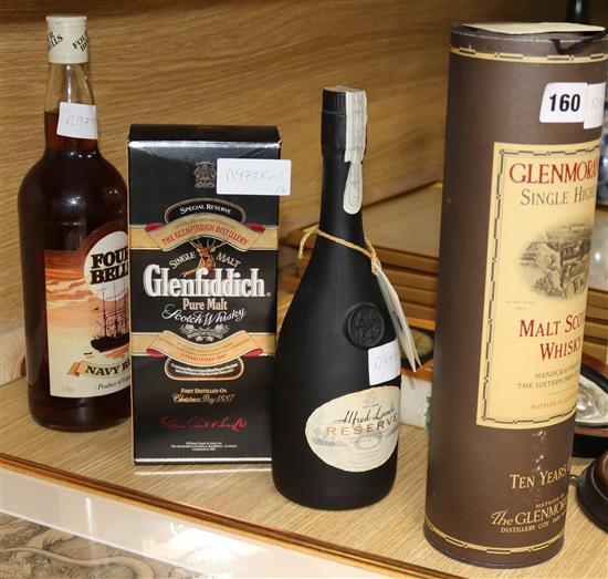 A bottle of Glenmorangie 10year old malt whisky, a bottle of Glenfiddich, a bottle of Six Bells, a bottle of